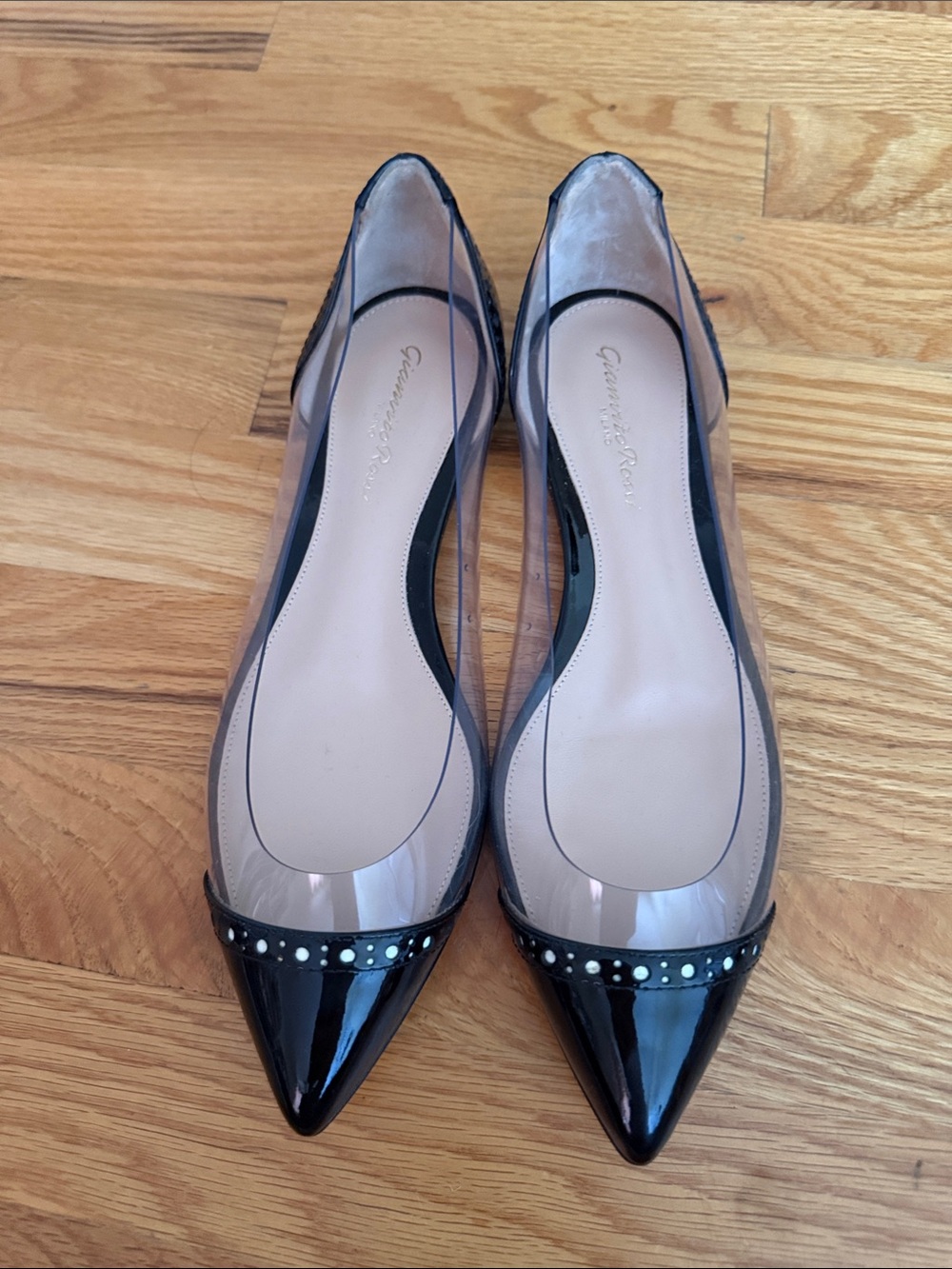 Gianvito Rossi Black Patent Pointed Toe Flats with Clear Sides and Stud Trim